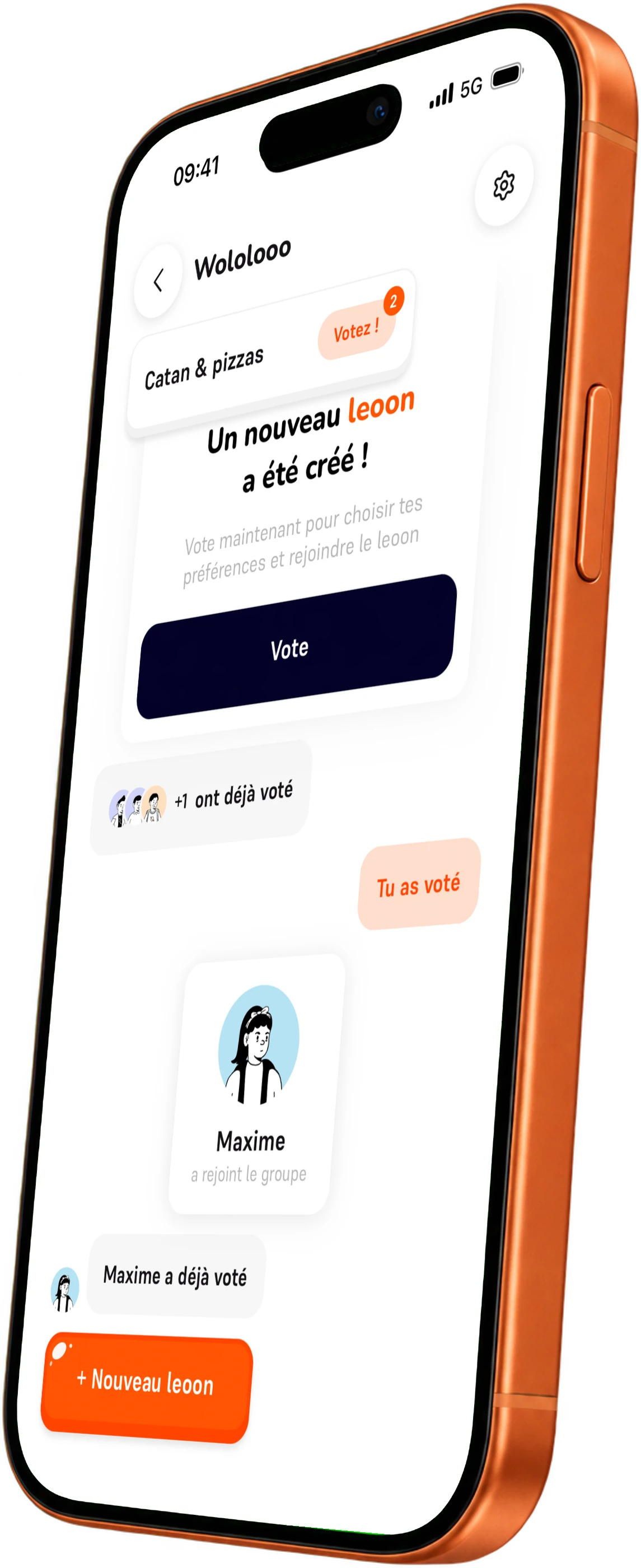 L'app Leoon sur un iPhone : le fil d'un groupe avec un leoon en cours de vote